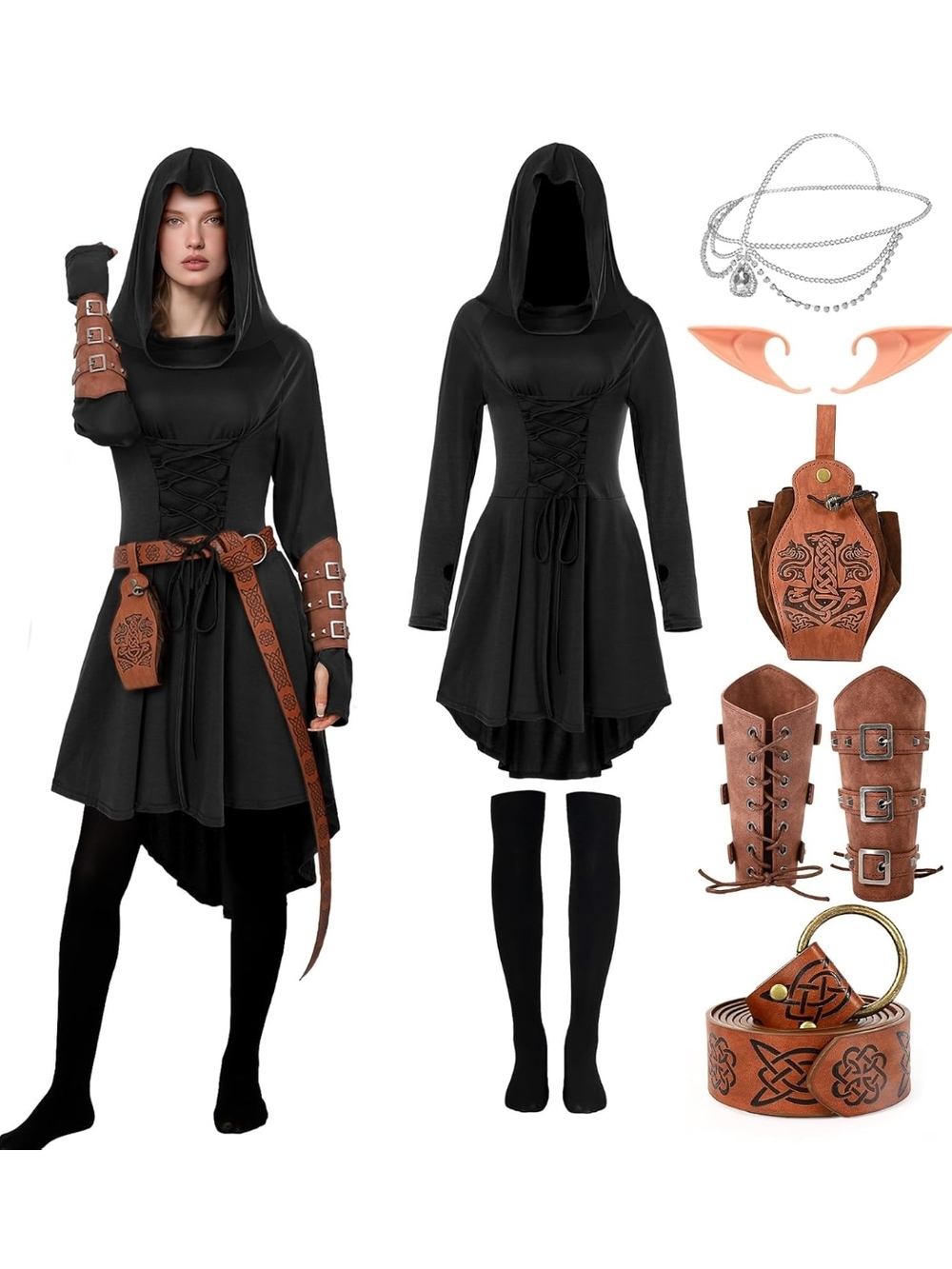 Black Hooded Medieval Tunic Dress with Accessories Renaissance Fairy Costume